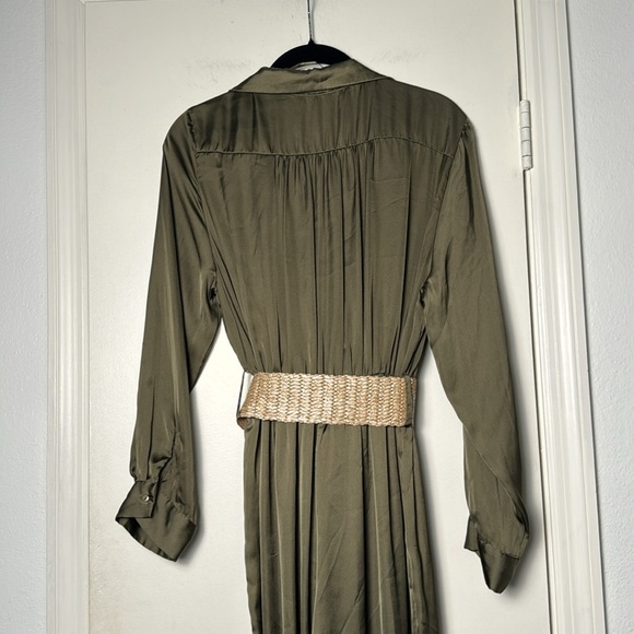 EUC Olive Green Zara Classy Belted Longsleeve Satin-Like Jumpsuit Size Medium - Picture 7 of 10